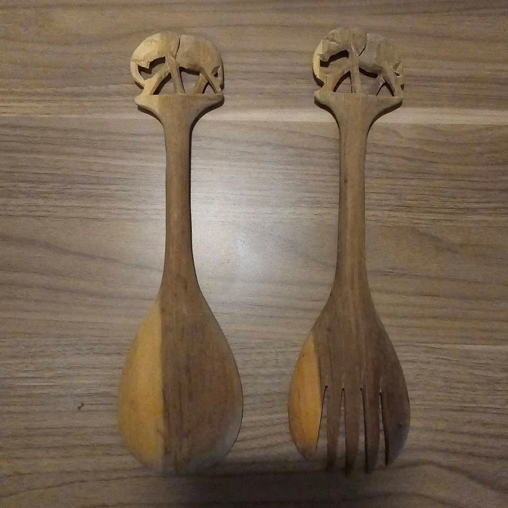 Vintage African Hand Carved Wood Elephant Salad Serving Set 12